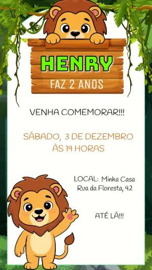 Convite de Aniversário Infantil Leão da Selva Editável