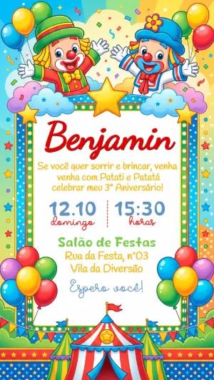 Convite de Aniversário Patati Patatá Circo Colorido para Editar