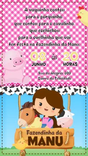 Convite de Aniversário Fazendinha Rosa Modelo Editável