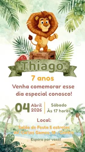 Convite de Aniversário Infantil Leão na Selva Aquarela Editável