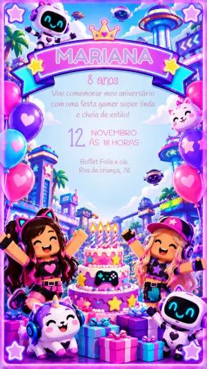 Convite Aniversário Roblox Gamer Menina Editável