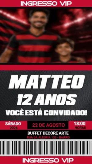 Convite Ingresso VIP Aniversário Futebol Vermelho e Preto com foto