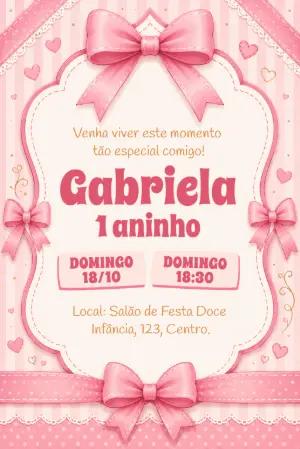 Convite de Aniversário Infantil Laços Rosa para Editar