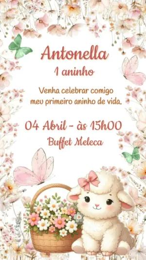 Convite de Aniversário Ovelhinha Floral para Editar