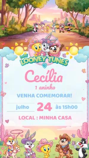 Convite Digital Baby Looney Tunes Cowgirl para Editar