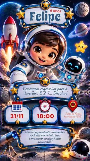 Convite de Aniversário Astronauta Infantil Editável