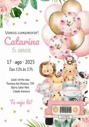 Convite Aniversário Safari Rosa com Animais Fofos para Editar