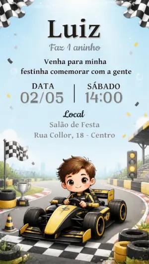 Convite Aniversário Fórmula 1 Infantil Editável para Menino
