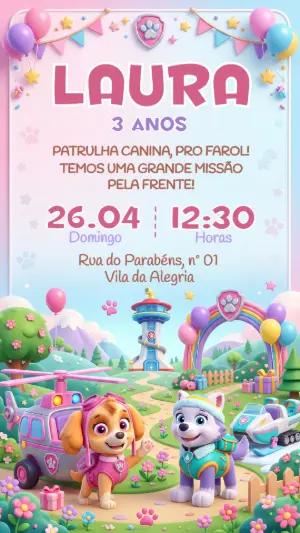 Convite Patrulha Canina Menina Rosa Editável para Aniversário