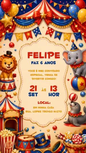 Convite Digital Aniversário Circo Colorido para Editar
