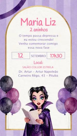Convite Aniversário Infantil Tema Vilã Roxo e Preto Editável