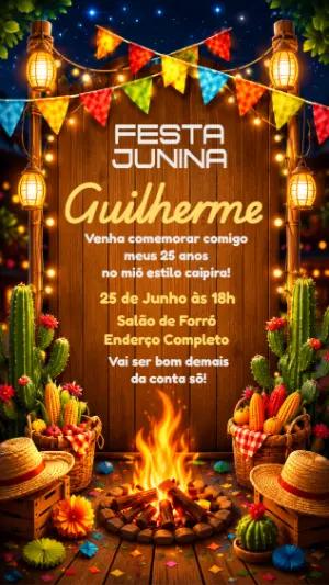 Convite de Aniversário Festa Junina Rústico para Editar