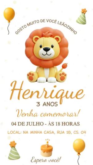 Convite de Aniversário Leãozinho Fofo 3D para Editar
