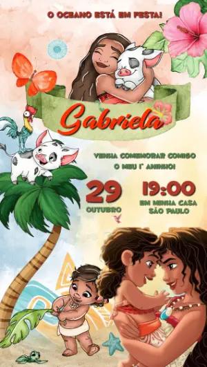 Convite de Aniversário Moana Aquarela para Editar Online