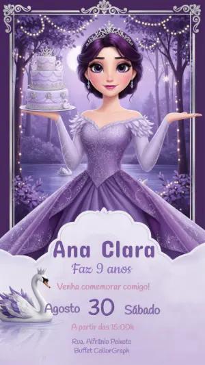 Convite de Aniversário Princesa Cisne Lilás Modelo Editável
