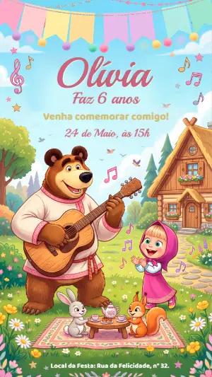 Convite de Aniversário Masha e o Urso Editável