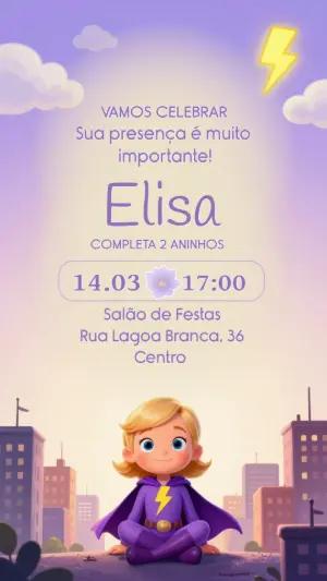 Convite de Aniversário Super-Heroína Roxo Modelo Editável