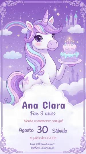 Convite de Aniversário Unicórnio Mágico Lilás para Editar