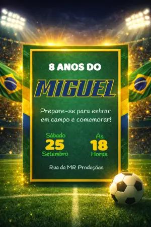 Convite de Aniversário Futebol Brasil Editável para Menino