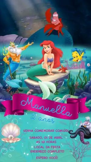 Convite Animado de Aniversário Pequena Sereia para Editar