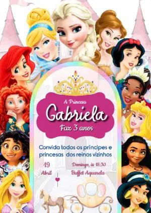 Convite de Aniversário Princesas Disney Modelo Digital para Editar