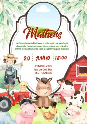 Convite de Aniversário Fazendinha Aquarela para Editar