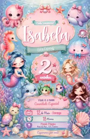 Convite Animado Sereia Fundo do Mar para Aniversário Editável