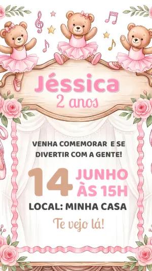 Convite de Aniversário Ursinha Bailarina Rosa Editável
