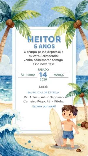 Convite de Aniversário Infantil Praia Surf Aquarela para Editar