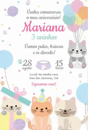 Convite Aniversário Gatinhos Fofos para Editar Online