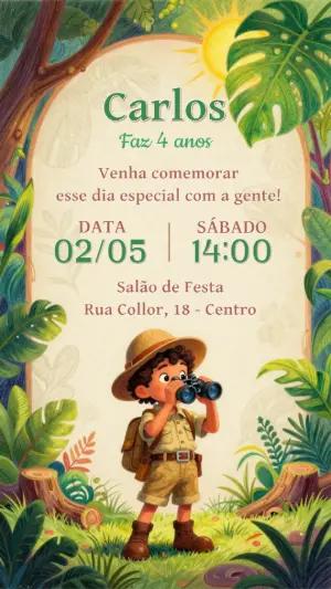 Convite de Aniversário Safari Ilustrado para Editar