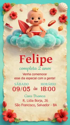 Convite de Aniversário Bebê Surfista 3D para Editar