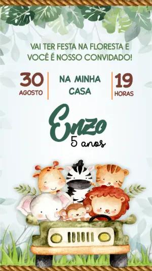 Convite de Aniversário Safari Fofo em Aquarela Modelo Editável