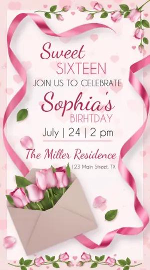 Pink Roses Sweet Sixteen Birthday Invitation Editable Template