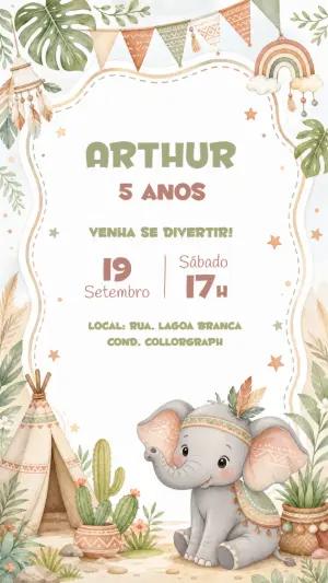 Convite de Aniversário Elefantinho Boho Editável para Menino