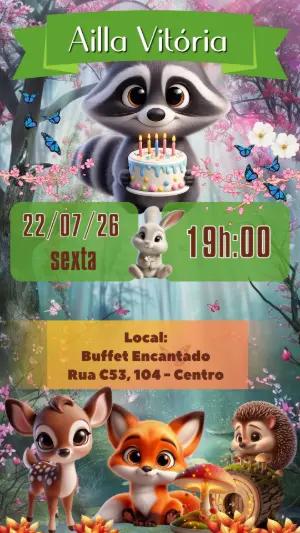 Convite de Aniversário Bosque Encantado Animais Fofos Editável