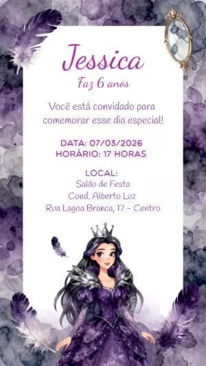 Convite de Aniversário Princesa Sombria Roxo Editável