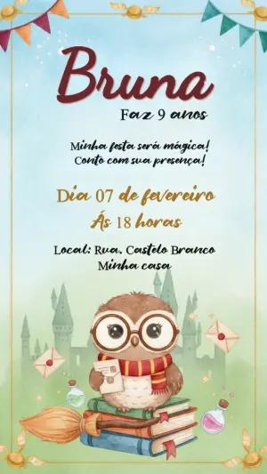 Convite de Aniversário Tema Harry Potter com Coruja Editável