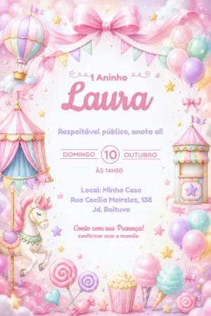 Convite de Aniversário Circo Rosa e Carrossel Editável