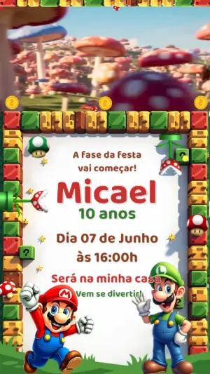 Convite Animado Aniversário Mario Bros para Editar Online