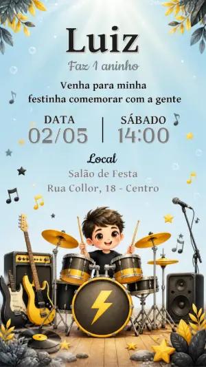 Convite de Aniversário Infantil Tema Baterista para Editar