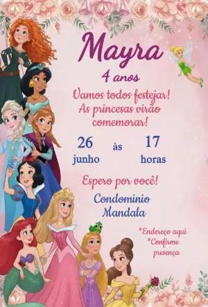 Convite de Aniversário Princesas da Disney Modelo Editável