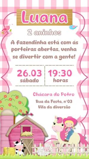 Convite de Aniversário Fazendinha Rosa para Menina Editável