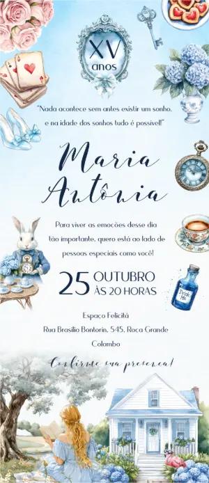Convite de 15 Anos Tema Alice no País das Maravilhas para Editar