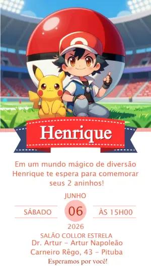 Convite de Aniversário Pokémon Editável com Ash e Pikachu