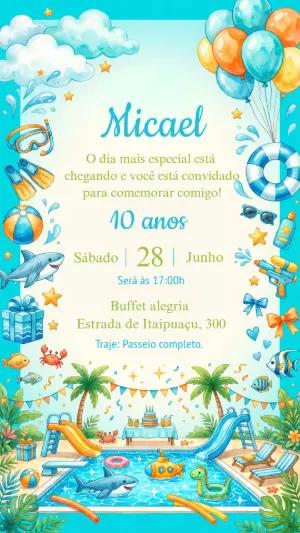 Convite de Aniversário Festa na Piscina Aquarela Editável