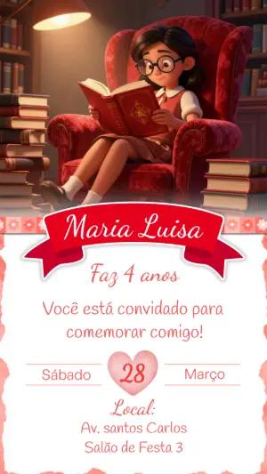 Convite de Aniversário Menina Leitora Digital Editável