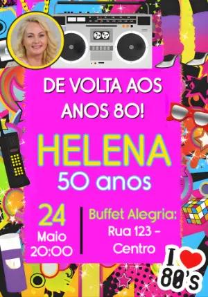 Convite Aniversário Anos 80 Retrô com Foto para Editar