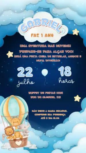Convite de Aniversário Infantil Balão e Animais Editável
