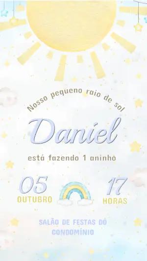 Convite de Aniversário Infantil Raio de Sol Aquarela Editável